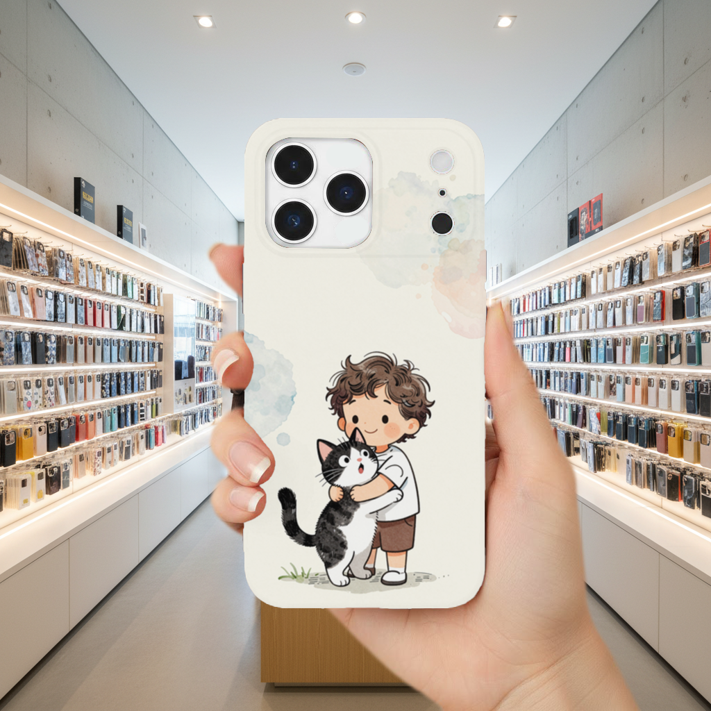 Boy Hugging Tuxedo Cat Charcoal iPhone 17 Pro Max Case