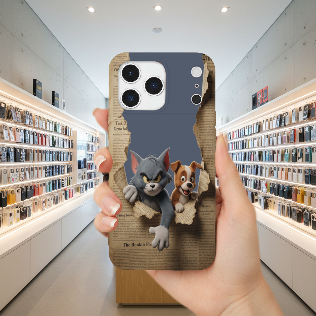 Angry Cat and Happy Puppy Peeking Through Paper iPhone 17 Pro Max Case