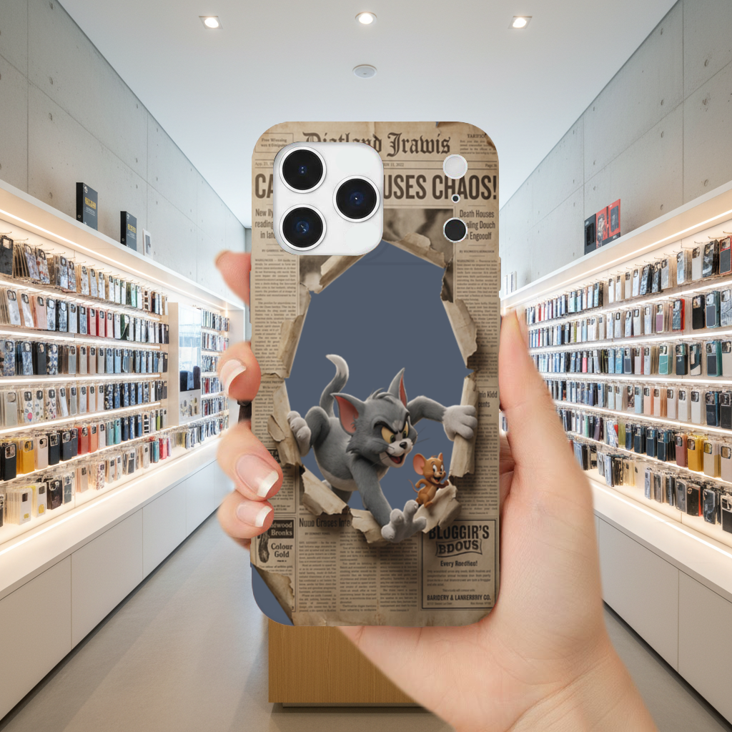 Grey Cat and Tiny Mouse Bursting Newspaper iPhone 17 Pro Max Case