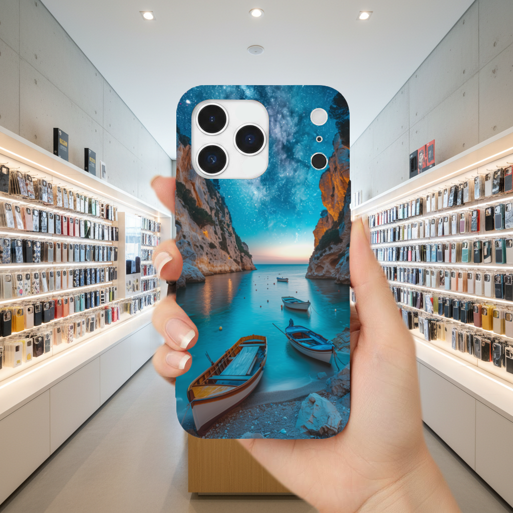 Starry Night Over Ocean Bay and Rowboats iPhone 17 Pro Max Case