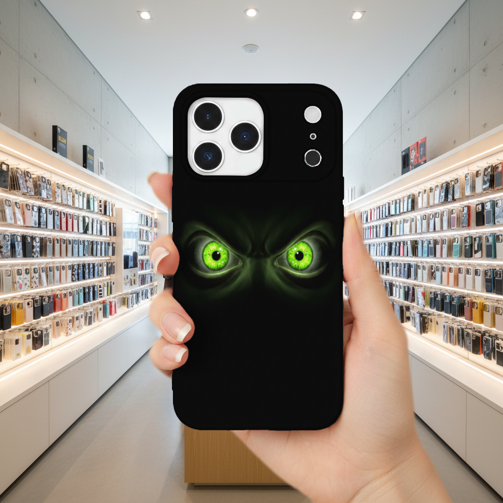 Glowing Green Monster Eyes in Darkness iPhone 17 Pro Max Case