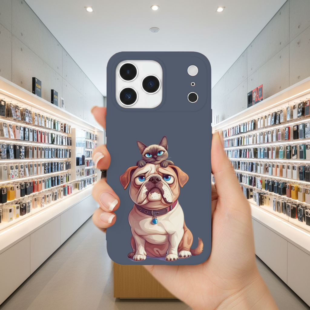 Sad Pug with Siamese Cat on Head iPhone 17 Pro Max Case