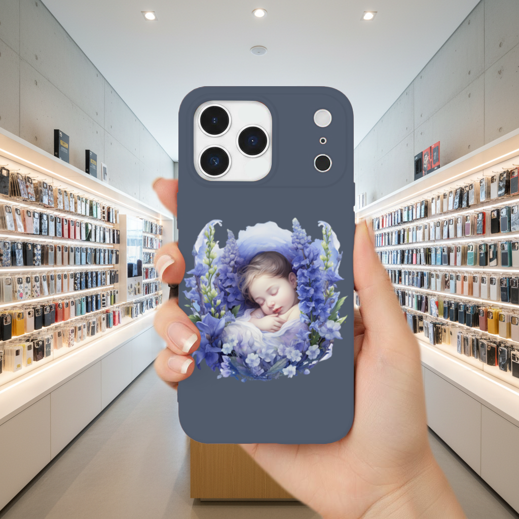 Mavi Çiçekler Arasında Uyuyan Bebek iPhone 17 Pro Max Kılıfı