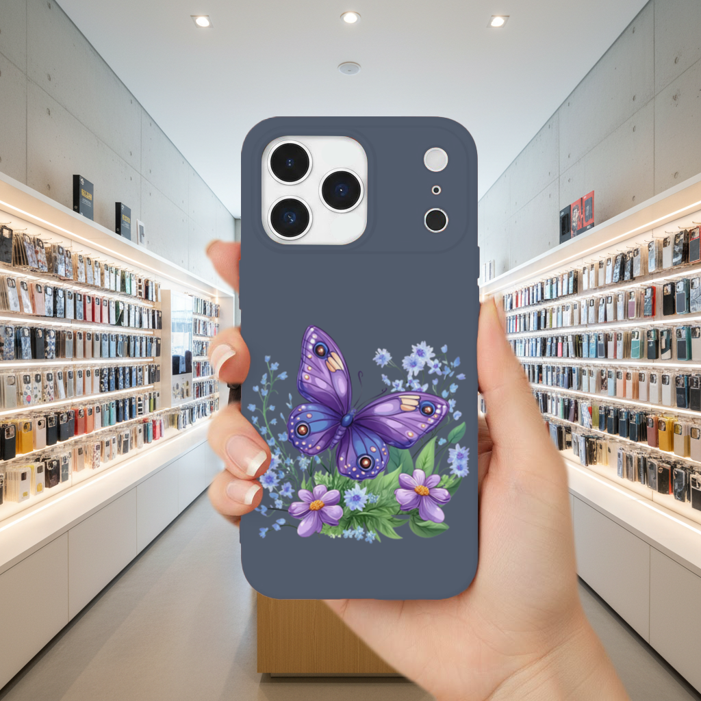 Mor Kelebek ve Mavi Kır Çiçekleri iPhone 17 Pro Max Kılıfı