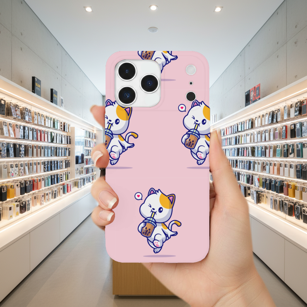 Kawaii Cat Drinking Boba Tea iPhone 17 Pro Max Case