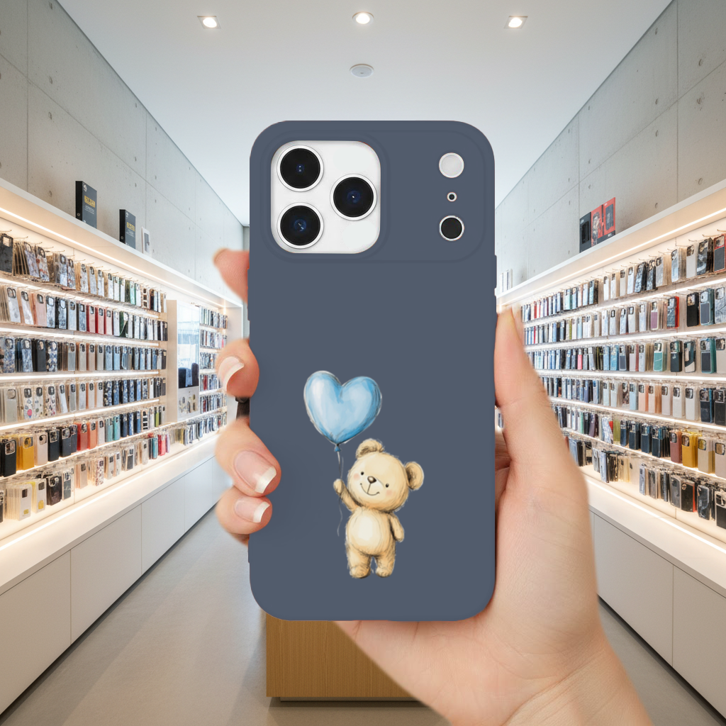 Cute Teddy Bear with Blue Heart Balloon iPhone 17 Pro Max Case