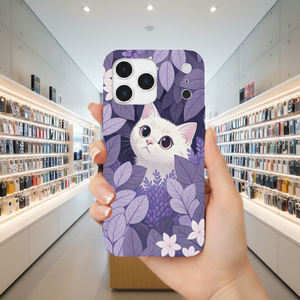 Lavanta Yaprakları Arasında Sevimli Beyaz Kedi iPhone 17 Pro Max Case