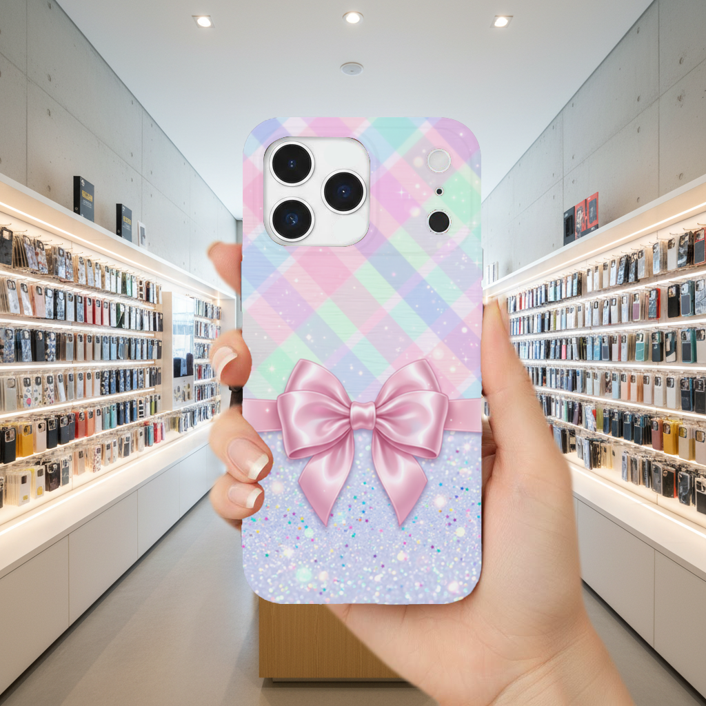 Elegant pink satin bow with pastel plaid background iPhone 17 Pro Max Case