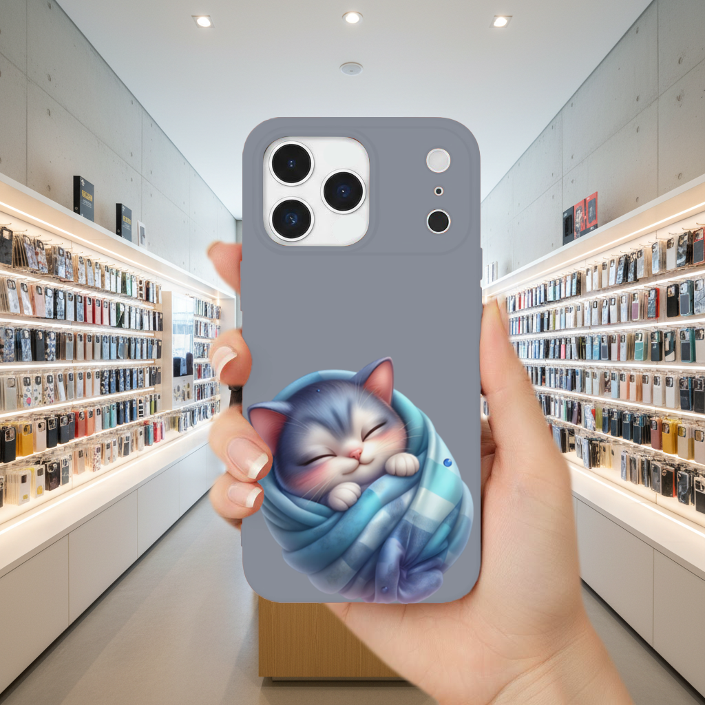 Kawaii Sleeping Kitten in Blue Swaddle iPhone 17 Pro Max Case