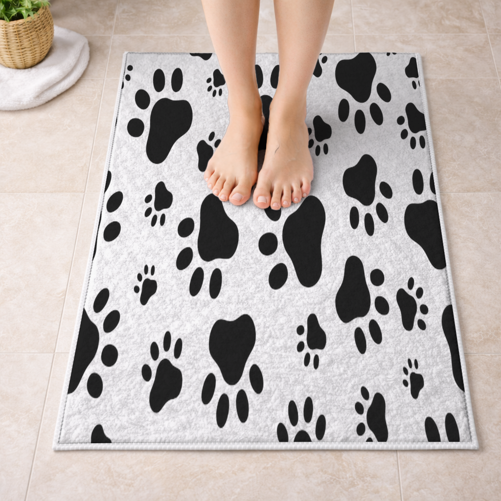 Black and White Paw Pattern Design Bath Mat