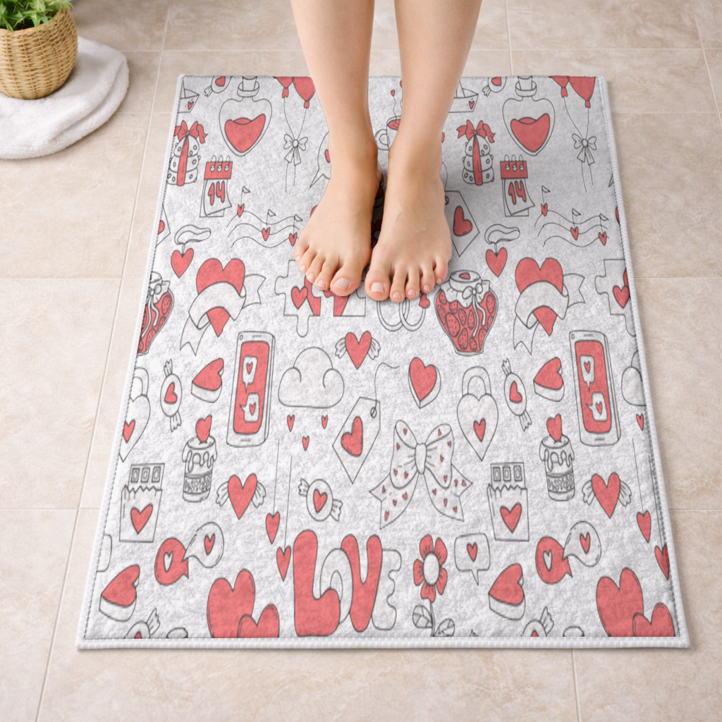 Valentines Day Doodle Love Heart Pattern Cute Design Bath Mat