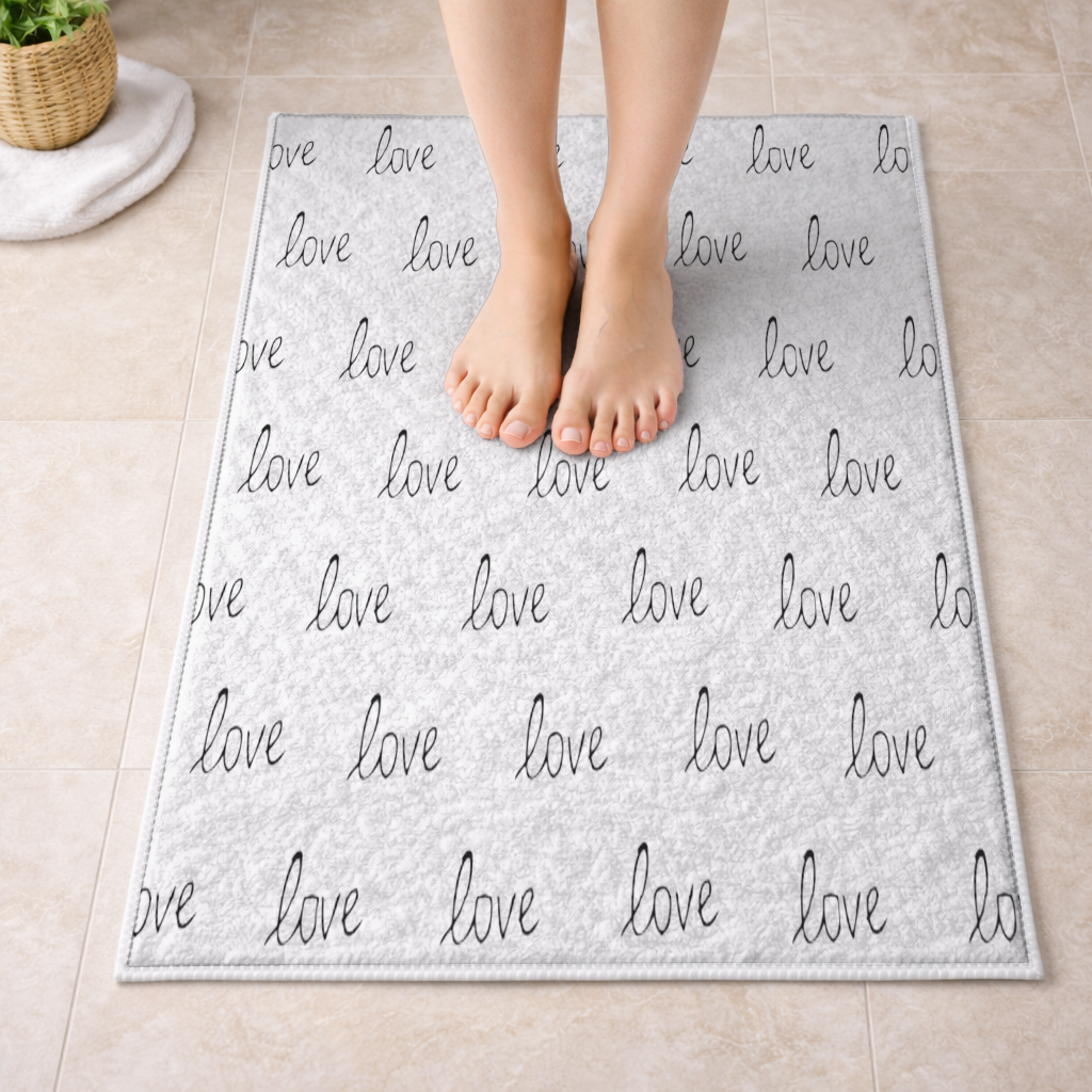 Minimal Black and White Love Text Pattern Design Bath Mat