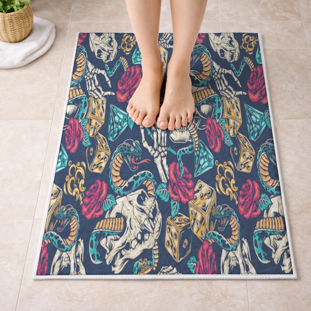 Skull Snake Dice and Roses Pattern Bath Mat
