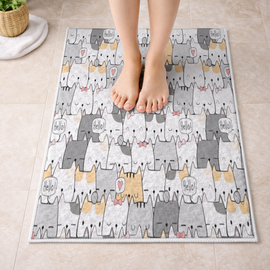 Cute Cartoon Cats Pattern with Speech Bubbles Bath Mat