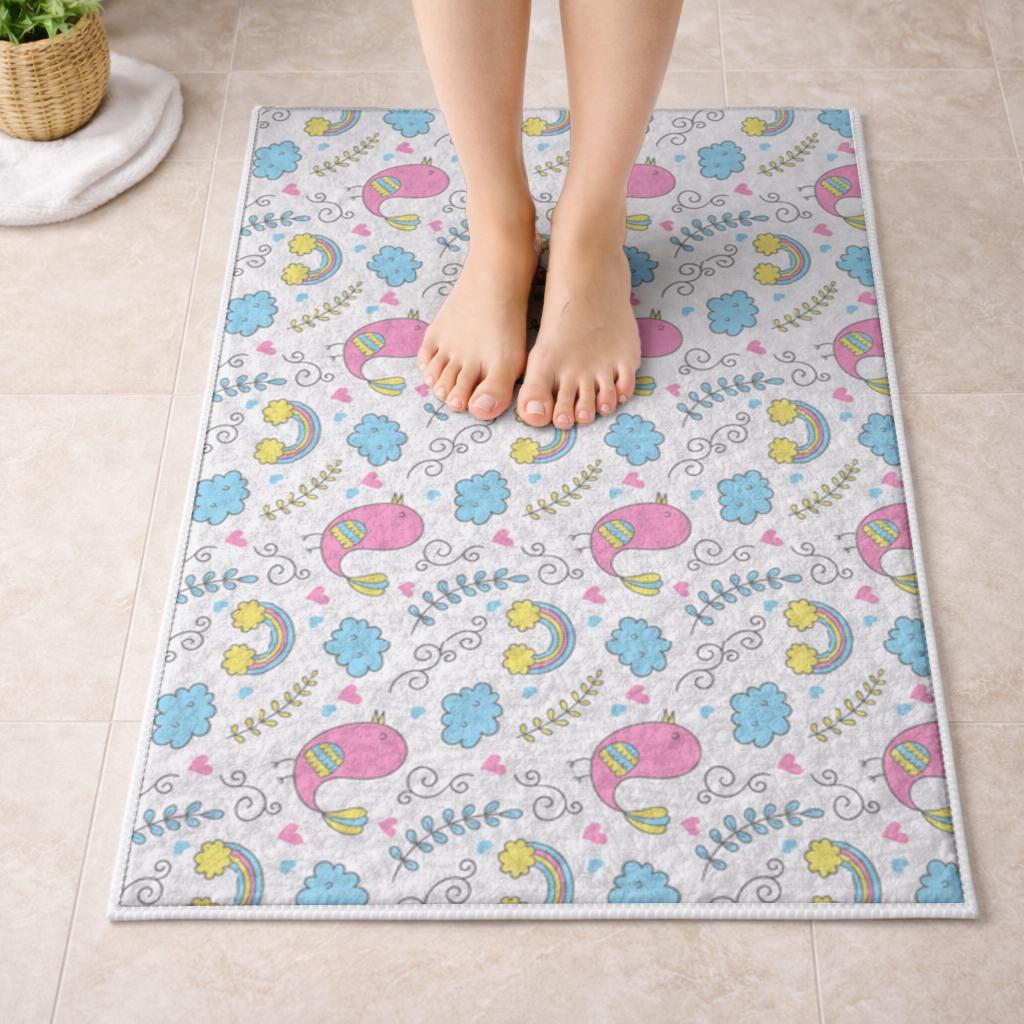 Cute Pink Bird and Rainbow Kids Pattern Bath Mat