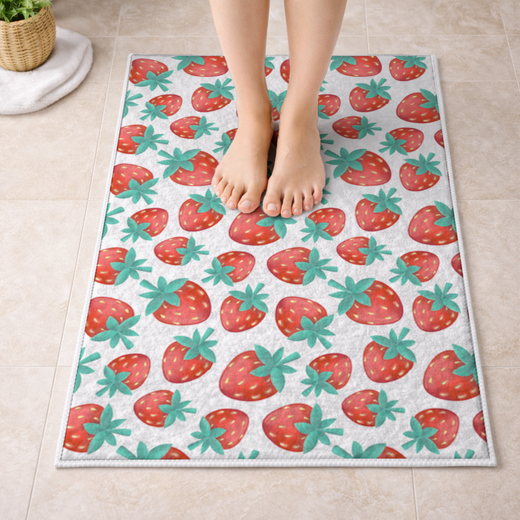 Vibrant Red Strawberry Summer Pattern Bath Mat