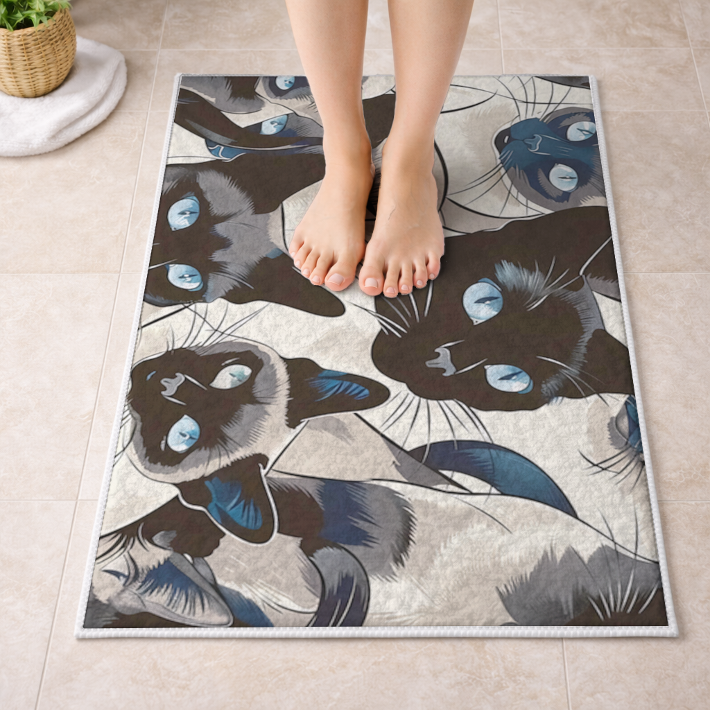 Blue Eyed Siamese Cat Elegant Illustration Pattern Bath Mat
