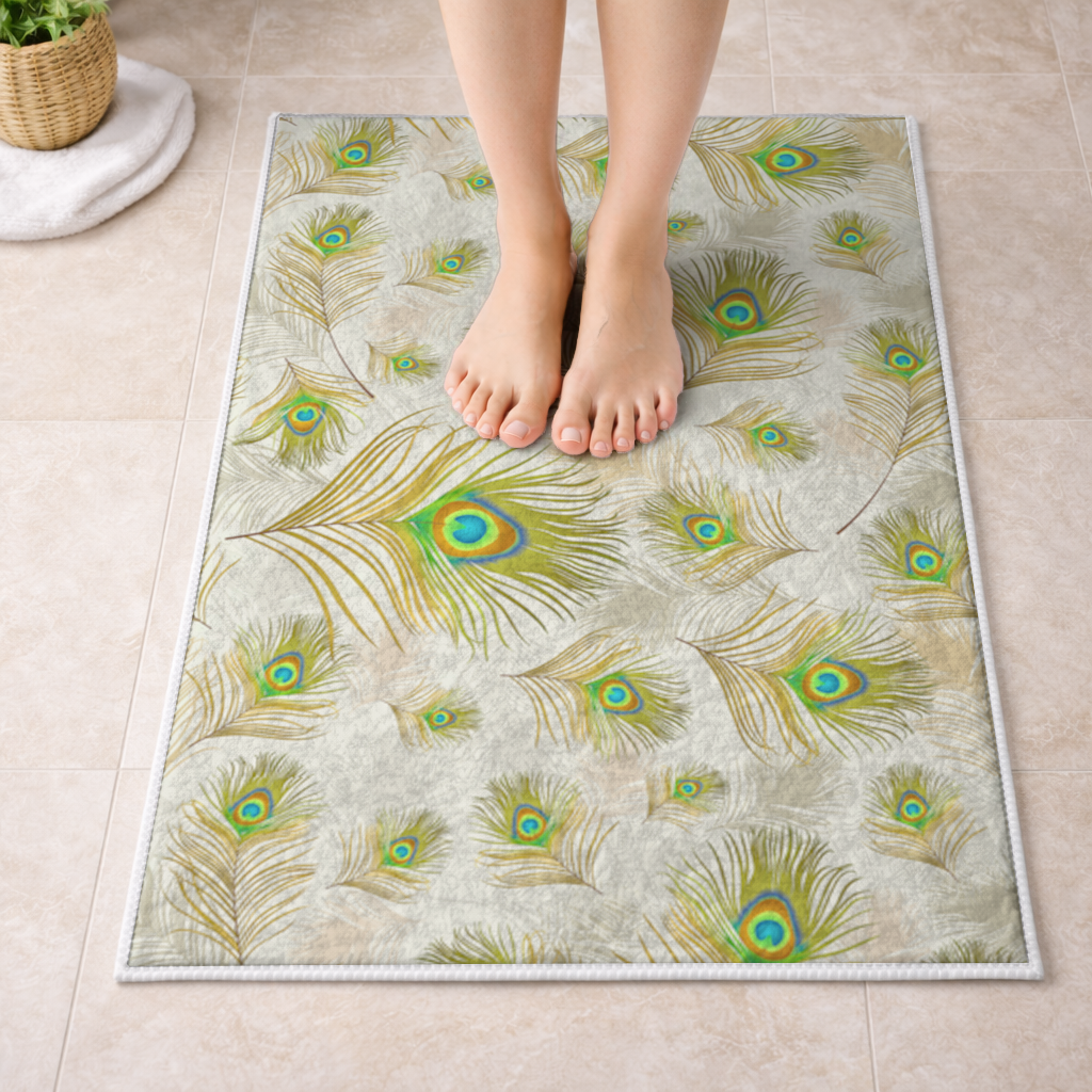 Elegant Peacock Feathers and Exotic Nature Seamless Pattern Bath Mat