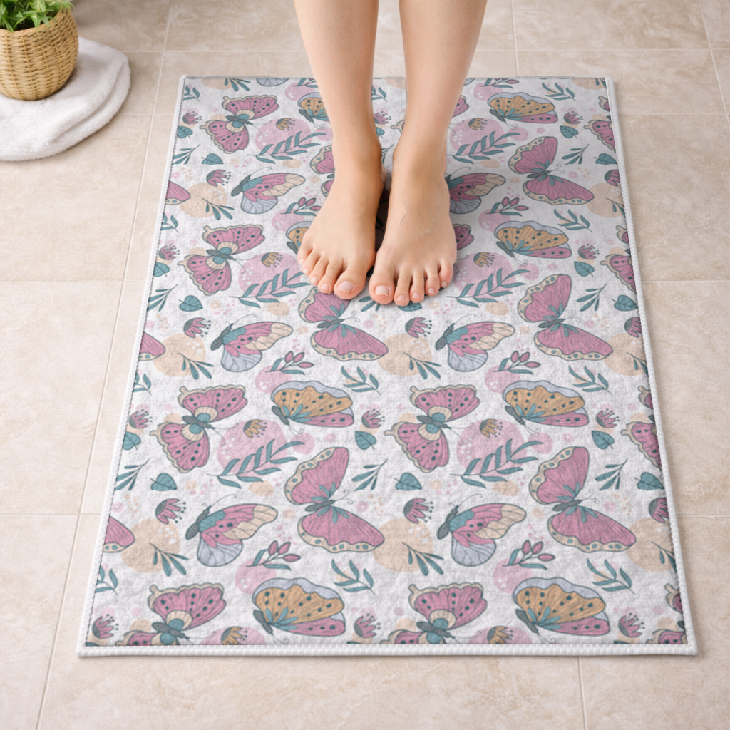 Pastel Butterflies and Botanical Leaves Seamless Pattern Bath Mat