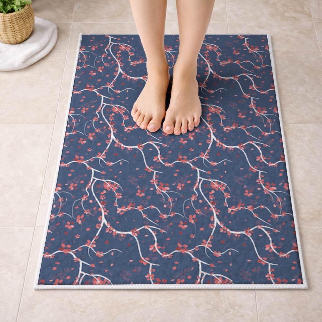 Red Floral Branch Pattern on Navy Background Bath Mat