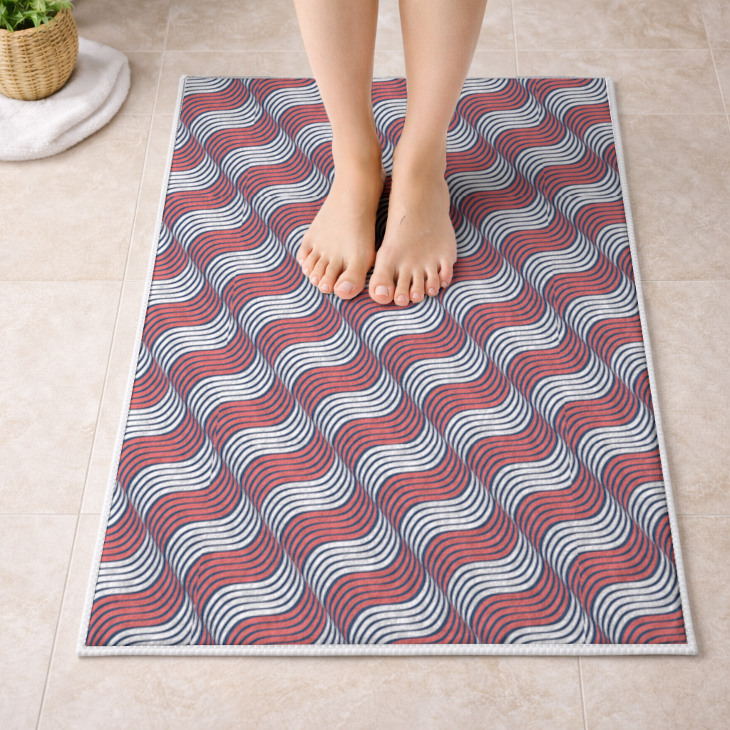 Red and Navy Wavy Line Pattern Bath Mat