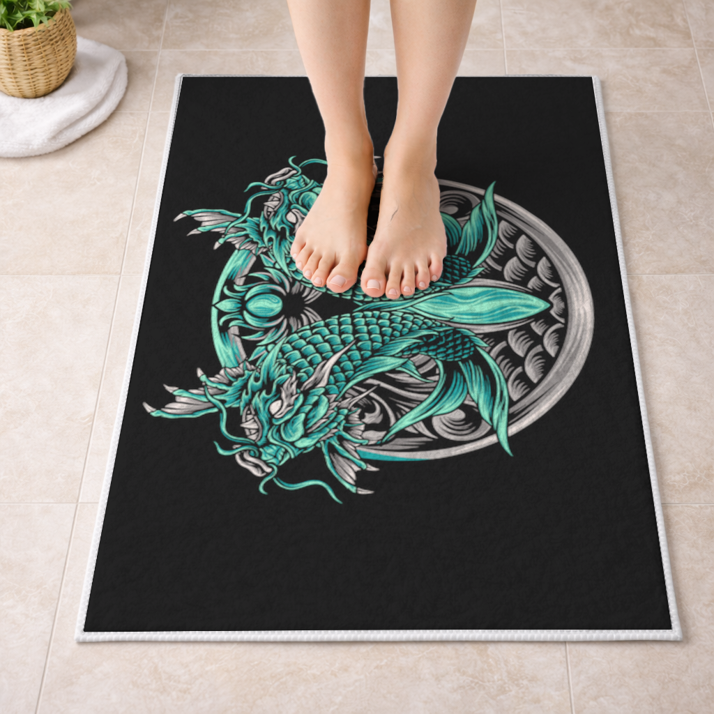 Turquoise Twin Dragon Emblem Design Bath Mat