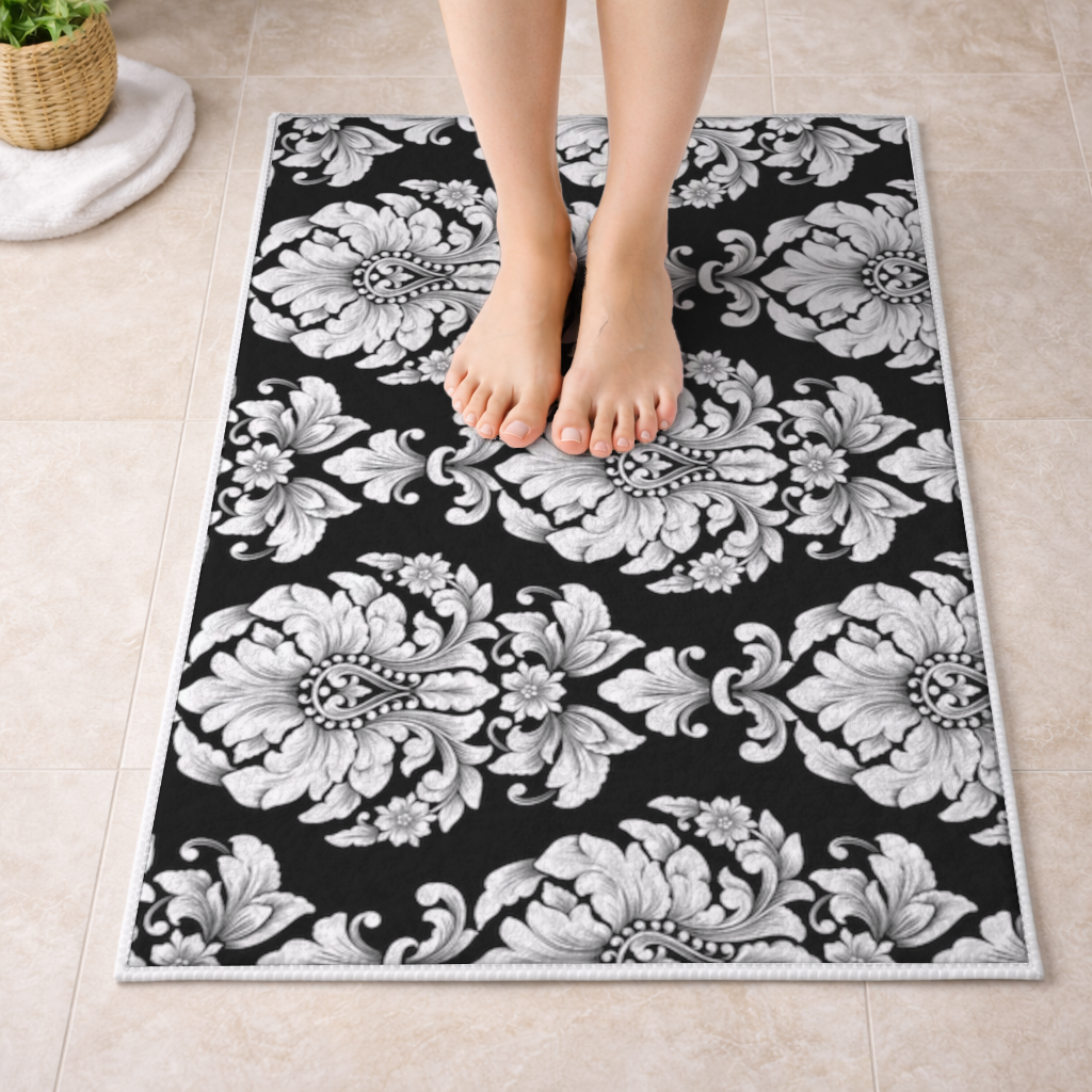 Black and White Baroque Floral Pattern Bath Mat