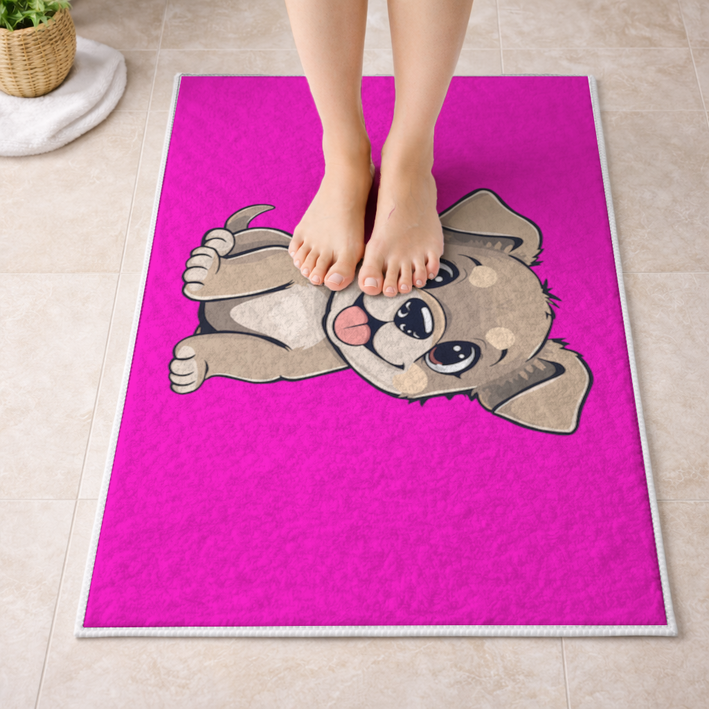 Cute Dog Illustration on Pink Background Bath Mat