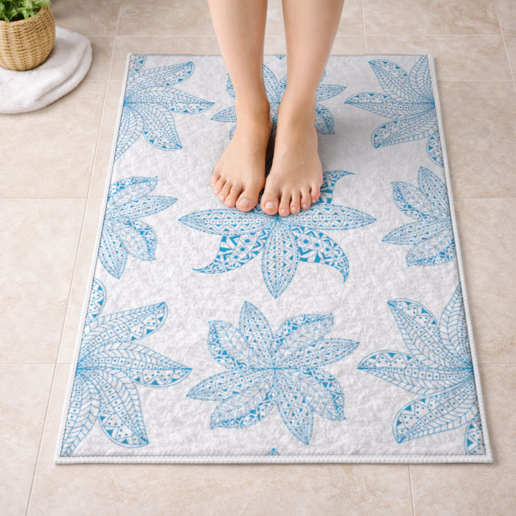 Blue Mandala Floral and Leaf Zentangle Pattern Bath Mat