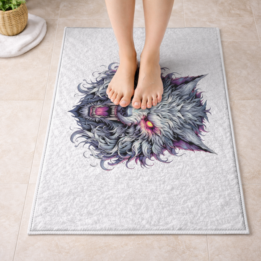 Fierce Wolf Head Illustration Heterochromia Eyes, Savage Wolf Bath Mat