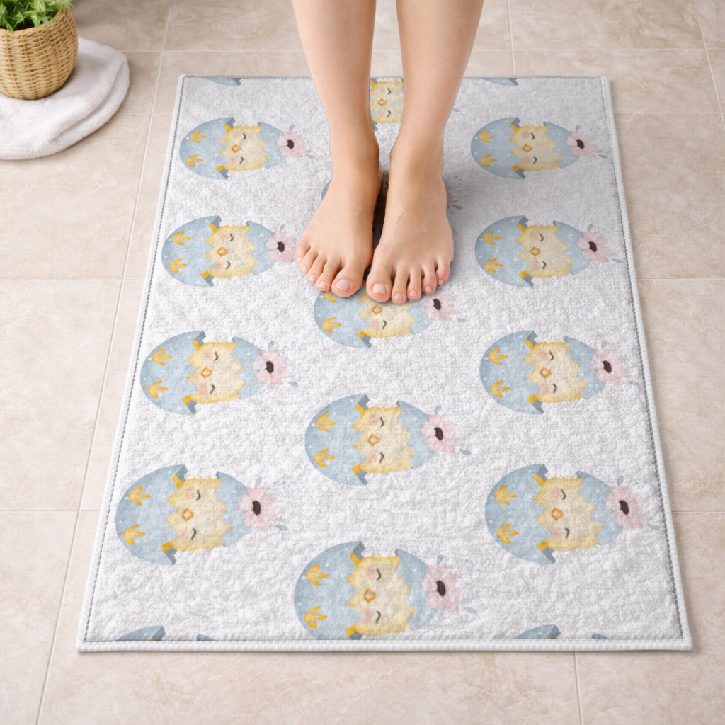 Cute Chick in Egg with Floral Hat Bath Mat