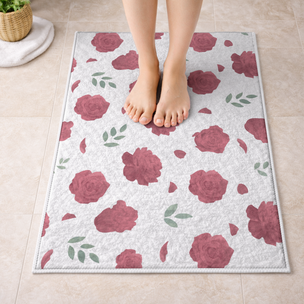 Red Rose and Leaf Romantic Seamless Pattern Bath Mat