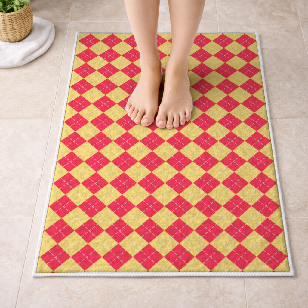 Red and Yellow Argyle Geometric Pattern Background Bath Mat