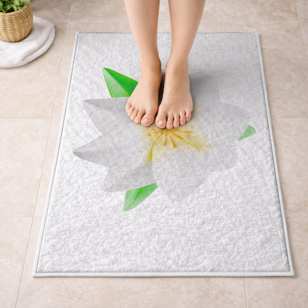 3D White Lily Flower Illustration Bath Mat