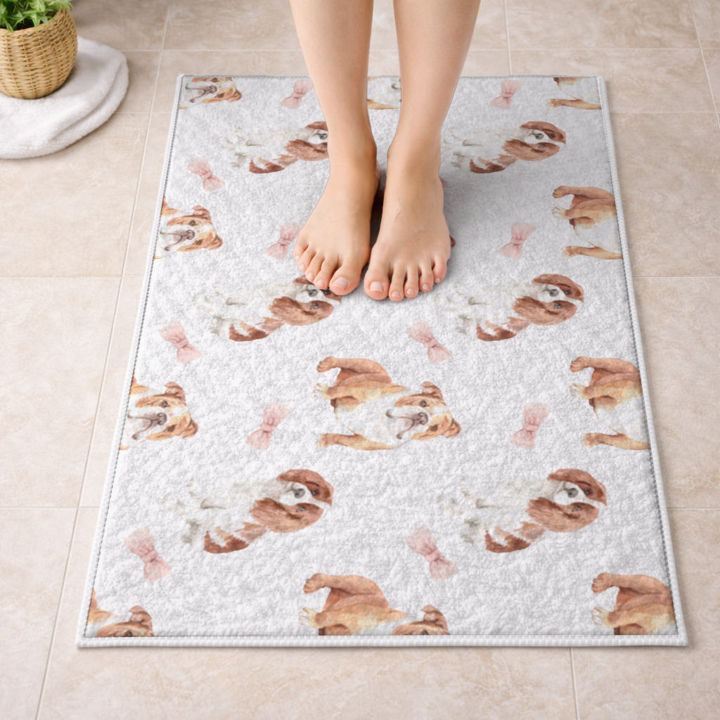Watercolor English Bulldog and Cavalier Puppy Pattern Bath Mat