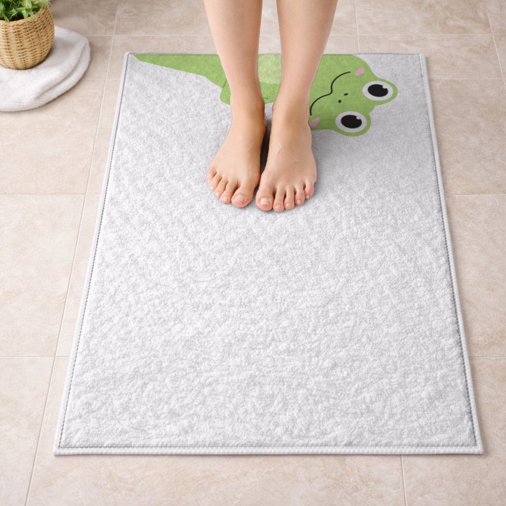 Cute Green Frog Peek-a-Boo Illustration Bath Mat