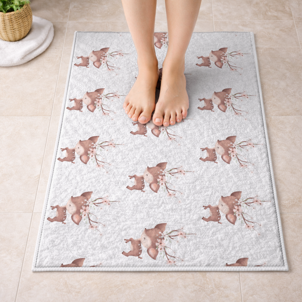 Cute Baby Deer with Floral Antlers Bath Mat