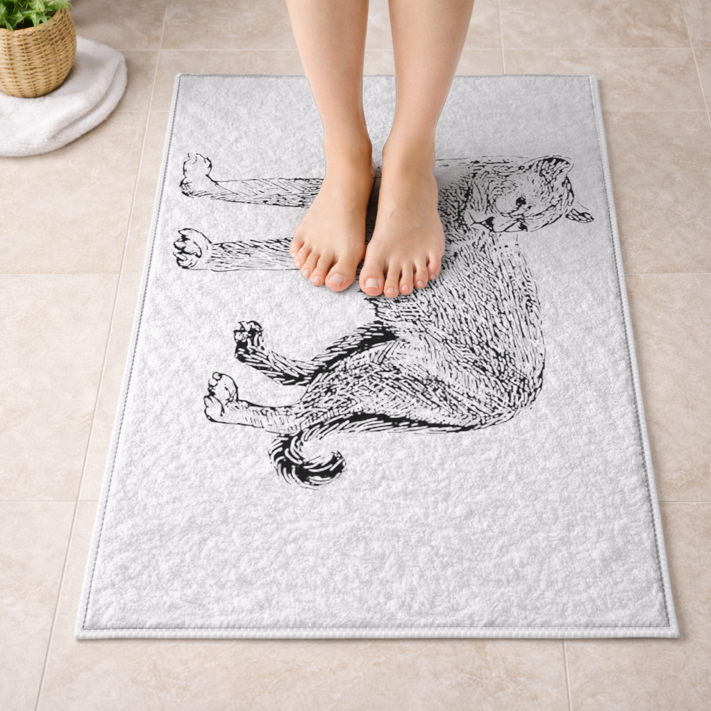 Black and White Wild Cat Sketch Illustration Bath Mat