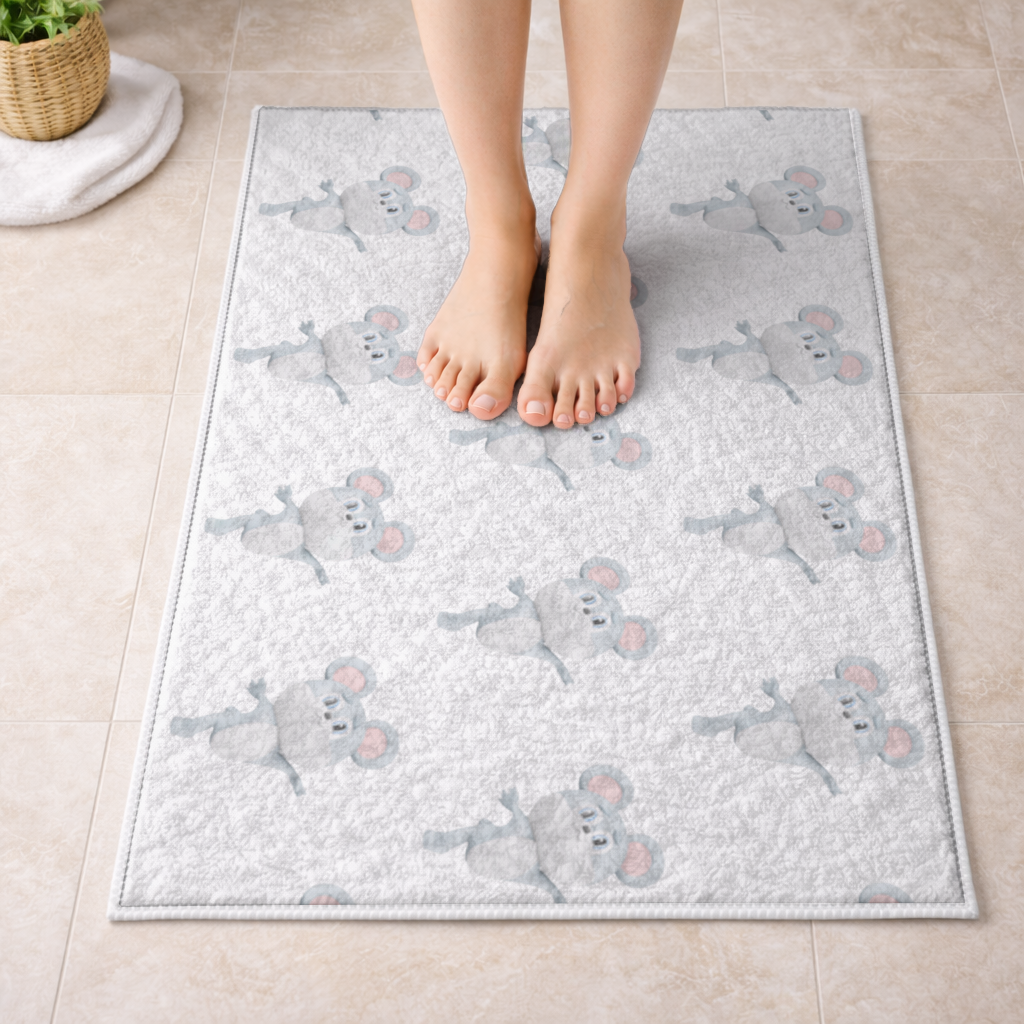 Dancing Cute Grey Mouse Character Bath Mat