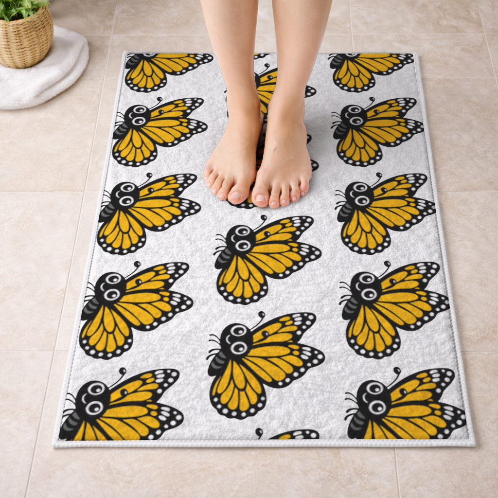 Smiling Orange Monarch Butterfly Character Bath Mat