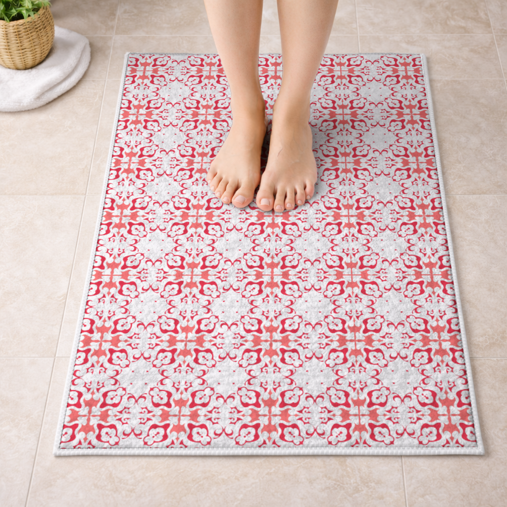 Red and White Traditional Tile Style Pattern Bath Mat