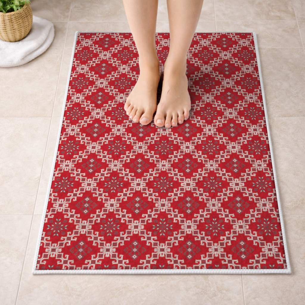 Red Ethnic Embroidery Pattern Bath Mat