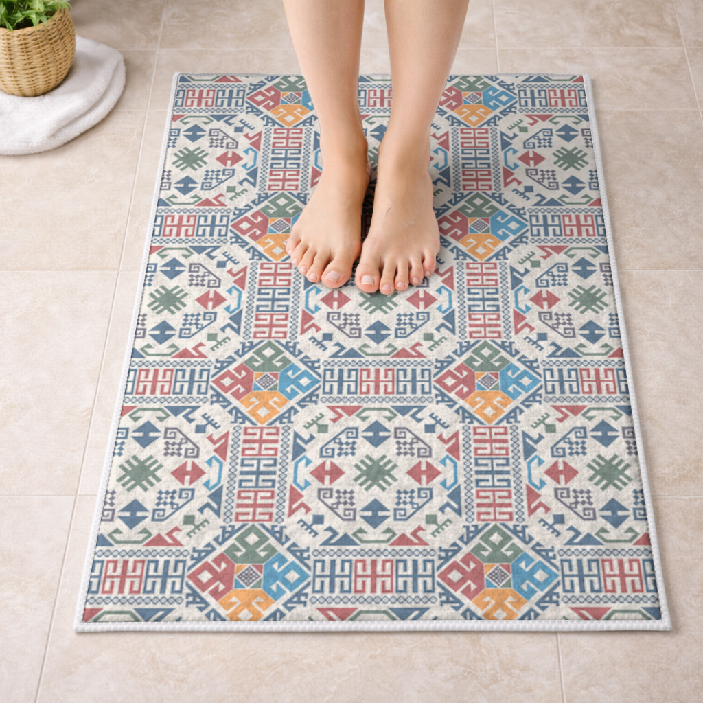Multicolor Ethnic Geometric Motif Bath Mat
