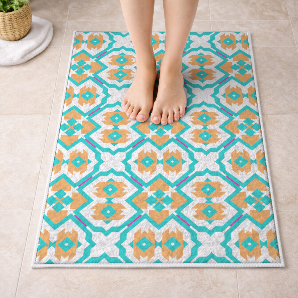 Orange and Turquoise Geometric Pattern Bath Mat