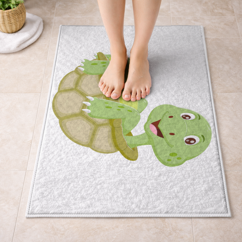 Happy Smiling Green Turtle in Shell Bath Mat