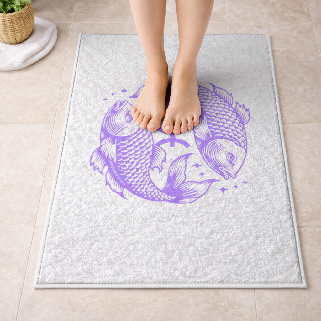Pisces Zodiac Symbol with Purple Fish Art Bath Mat