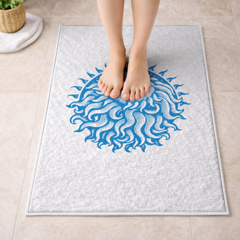 Leo Zodiac Sun and Moon Blue Motif Bath Mat