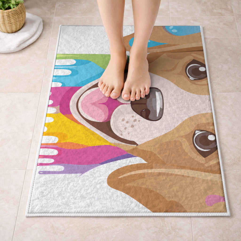Happy Dog with Colorful Paint Drips Bath Mat