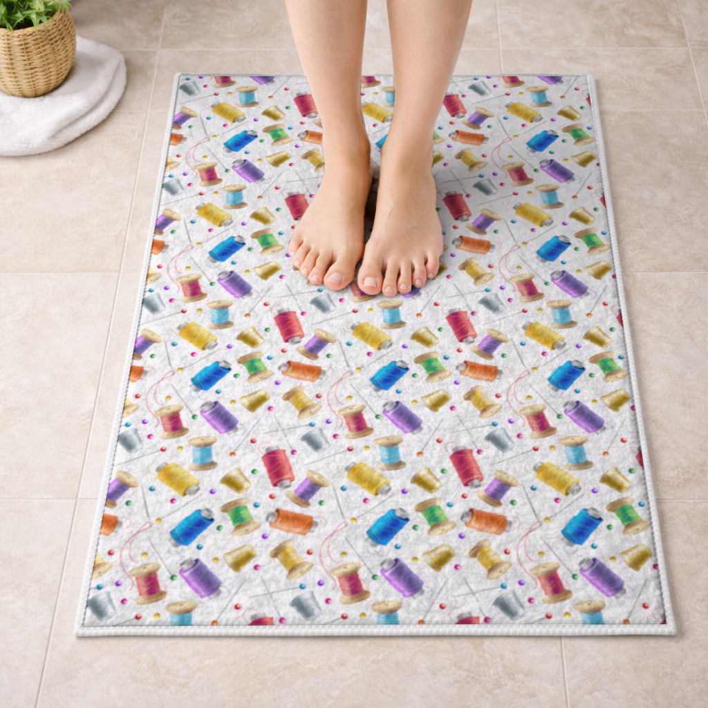 Renkli Makaralar ve Terzi Gereçleri Deseni Banyo Halısı