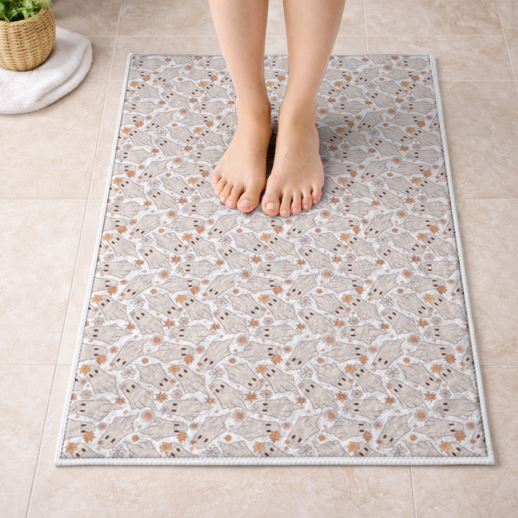 Retro Floral Cute Ghost Seamless Pattern Bath Mat